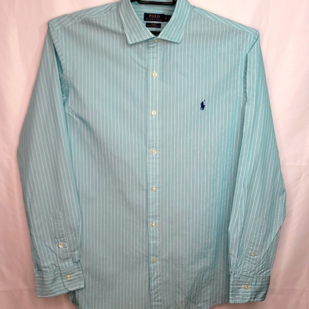 Ralph Lauren Men’s Slim Fit 100% Cotton Stretch Dress Shirt in Teal and white